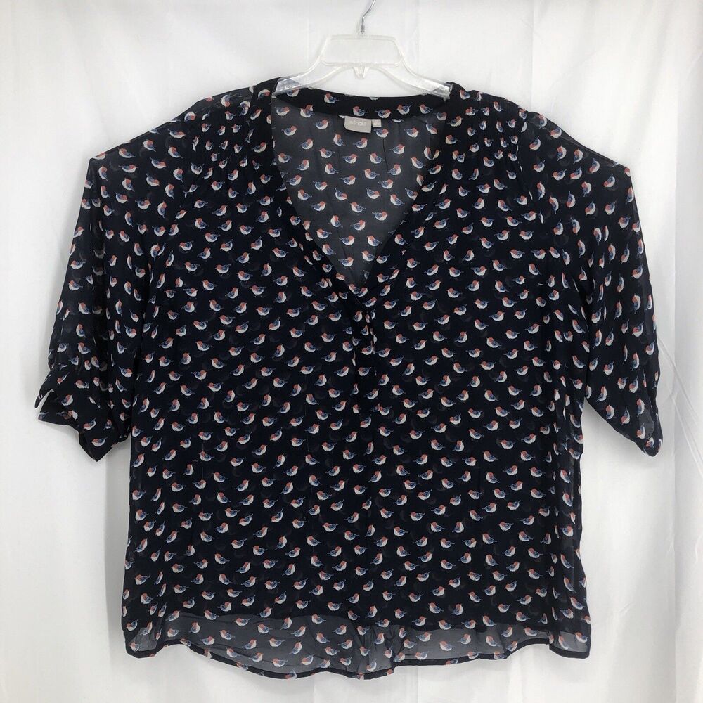 eShakti Women's Semi Sheer  3/4 Sleeve  Navy Bird Print Top Size 4XL